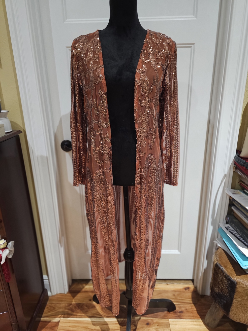 Longline Embellished Rust Sequin Duster, NWT